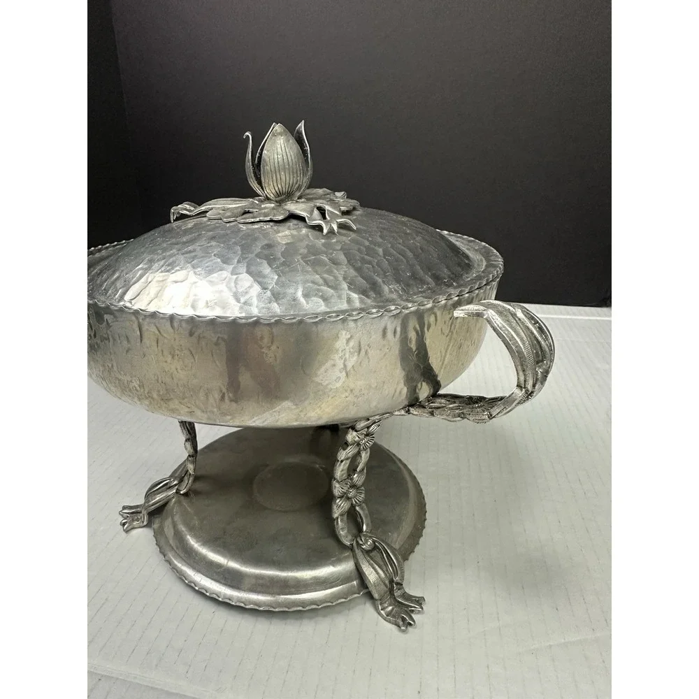 Vintage Hammered Aluminum 2 Qt Chafing Dish with Rose Design CIRCA 1950's